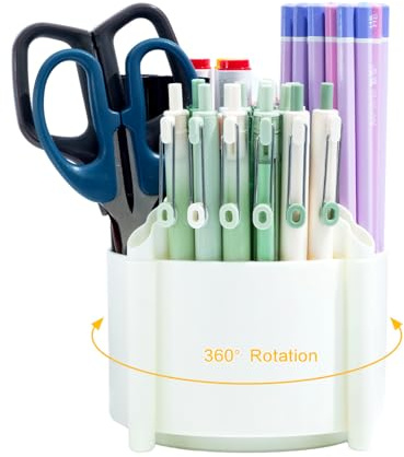 M&G 360 Degree Rotating Desk Organizer, 4 Slot Pencil Holder with Stickers, Multi-Purpose Cute Pen Pencil Cup for Make Up Brush Office School Home (White)