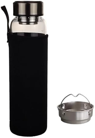 Gourde avec infuseur à thé en verre, noir, 1 l, bouteille de sport, bouteille d'eau en verre borosilicate, bouteille d'eau de vélo, bouteille en verre avec infuseur à thé et couvercle en acier
