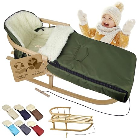 Kombi-erbjudande [träsläde universell vinteråkpåse 108 cm] kälke med ryggstöd och dragrep, fotsäck, lämplig för babystol, barnvagn, buggy med lammull (oliv (108 cm))