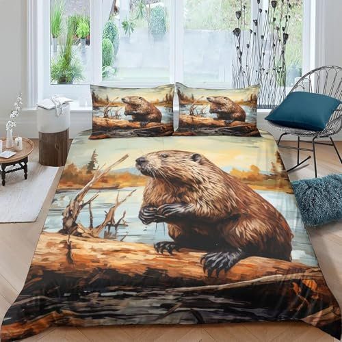 Single 3D Duvet Set 90X190 Cm Animal Beaver Children'S Bed Linen Set 100% Microfibre Cotton Soft Durable (1 Quilt Cover+ 2 Pillowcase) Children'S Home Textile Bedding - Hypoallergenic -191S249C177P