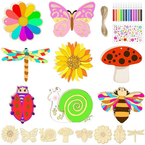 Seamart 16 Stück Bastelsets für Kinder, Basteln Schmetterling Blume Vogel Holzanhänger zum Bemalen, Kindergeburtstag Basteln Mädchen, DIY Kreativsets mit Aquarellstift Edelsteinaufkleber