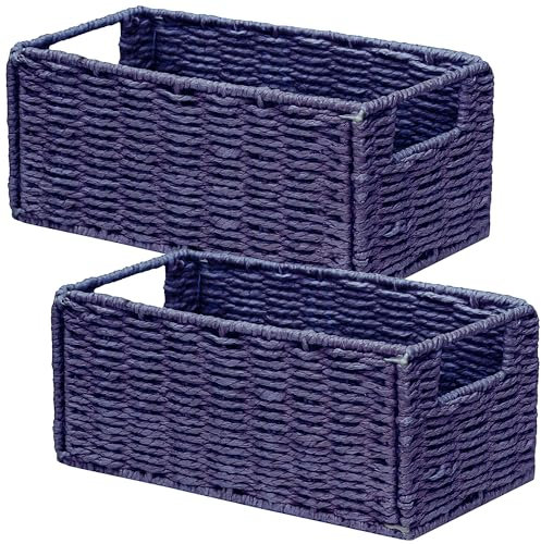 Vagusicc Wicker Storage Basket, Set of 2 Hand-Woven Paper Rope Wicker Basket, Small Storage Baskets for Organizing Toilet Paper, Foldable Small Cube Organizer Bins for Shelves (Purple)