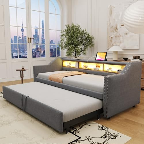 YuQozii Cama tapizada sofá cama extensible 90/180 x 190 cm, compartimento de almacenamiento multifuncional, luz LED y conector USB, con somier (gris oscuro)