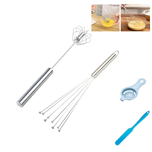 Stainless Steel Rotary Egg Beater - Semi-Automatic Hand-Push Whisk for Baking, Cooking & Mixing Batter, Milk, Cream | Ergonomic Design with Durable Ball Whisk | 2-Pack Multi-Purpose Kitchen Mixer Tool