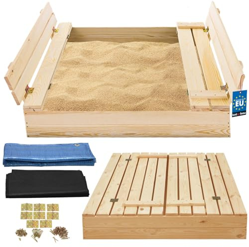 KOTARBAU® Sabbiera per Bambini con Coperchio - Legno di Pino - 100x100cm - Naturale - Sabbiera da Giardino per Bambini - con Panche Pieghevoli e Telo Antierba