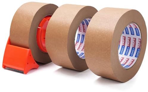 Adhes Carta di crepe marrone, con Tagliatori,50 Mm X 50 M, 3 Rulli, Nastro A Crepe Ecologico Per Imballaggio, Trasporto E Movimentazione Di Cartoni