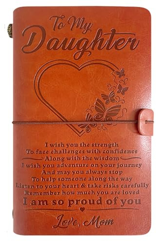 Vincmore Daughter Gifts from Mom Brown Leather Journal, 140 Page Refillable Engraved Inspirational Words Notebooks Travel Diary Graduation Back to School Christmas Birthday Gifts for Daughter