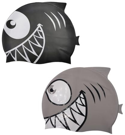 Reccisokz Set 2 cuffie nuoto squalo bambini, cuffia piscina nera e grigia con faccia squalo e pinna, accessori per lezioni nuoto allenamento vacanze al mare e giochi in acqua
