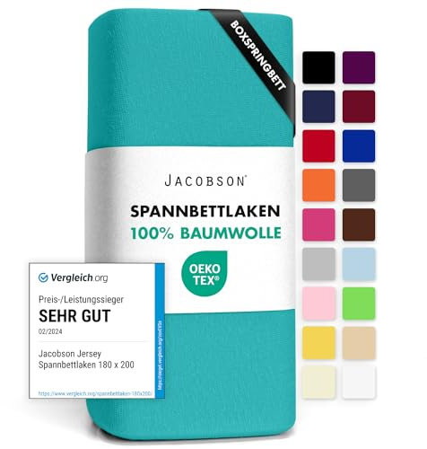Jacobson Jersey Spannbettlaken Spannbetttuch Baumwolle Bettlaken (140x200-160x220 cm, Türkis)