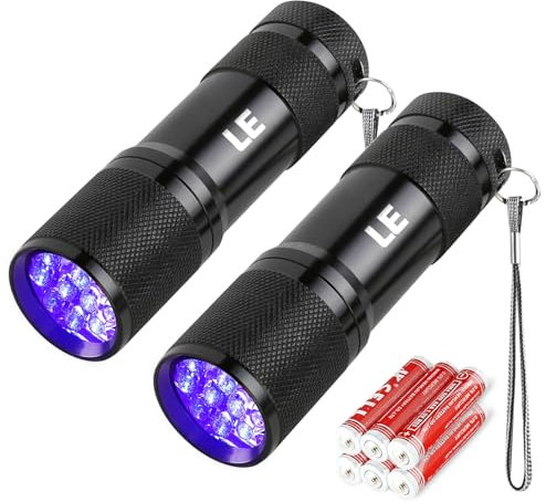 LE LED UV Schwarzlicht Taschenlampe mit 9 LEDs, mini UV Lampe Ultraviolettes Licht mit 395nm für Geocaching, Heimtierurindetektoren, Haustiere Urin-Detektor usw. Inklusive 6 AAA Batterien