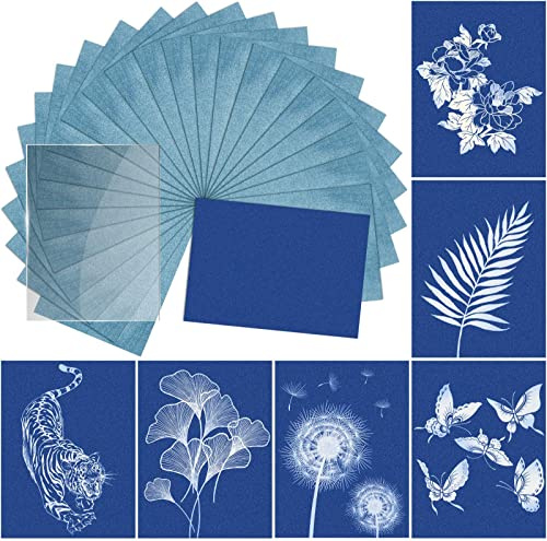 Kit de papel de impresión solar, 24 hojas de papel cianotipo, 1 panel acrílico, papel de impresión activado solar de alta sensibilidad para manualidades, proyectos de bricolaje