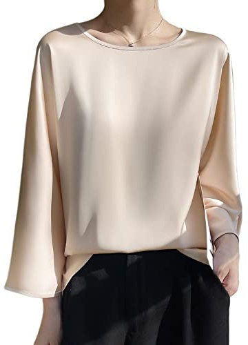 Bluse E Camicie da Donna, Camicetta da Donna in Raso di Seta Estate Elegante Tinta Unita Girocollo Pullover Camicie Top Moda Ampia Manica A 3/4 Tunica Top Casual Formale Festa Camicette da Lavoro T-