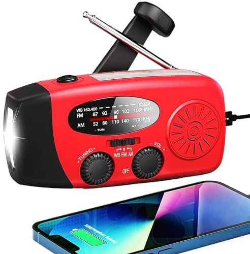 Radio meteorológica de emergencia con manivela de 18500 mWh/5000 mAh, radio solar AM FM NOAA con linterna LED y conector para auriculares, cargador para smartphone, radios autoalimentadas con alarma