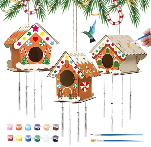 Holdes - Kit de manualidades para casa de pájaros, para manualidades (12 pinturas, 2 pinceles, 2 cuerdas, 3 virutas de madera Love Wood Crafts