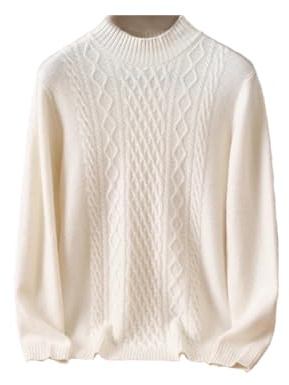 Hamthuit Maglione di Lana da Uomo Addensato Autunno/Inverno Pullover a Collo Semi-Alto Maglione di Cashmere Intrecciato a Maniche Lunghe White XXL