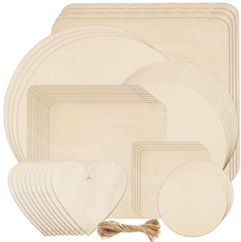 46Pcs Unfinished Blank Wood Slices - Pyrography Wood Blanks, 7Sizes Natural Wooden Pieces Round Square Hearts with Predrilled Hole &5M Twine, Woodcraft Circles for Craft, DIY, Decor Painting, Coasters