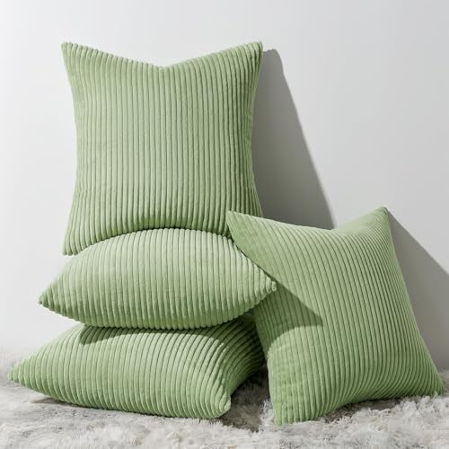 Topfinel Set of 4 Cushion Covers for Living Room, Home Decoration, Modern Elegant Soft Durable, Corduroy Cushion Covers with Invisible Zip – Sage Green, 45 x 45 cm