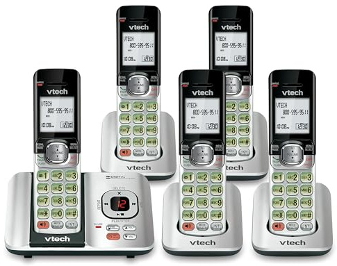 VTech CS6529-5 5-Handset DECT 6.0 Cordless Phone with Answering System, Caller ID/Call Waiting, Wall-Mountable, LCD Screen, Handset Speakerphone (Silver/Black)