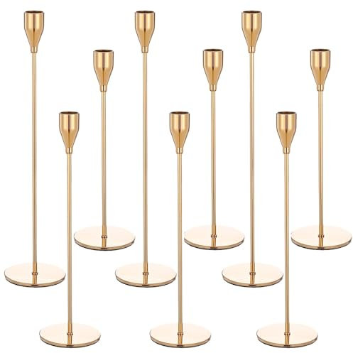 Dazhtu 9 SetKerzenständer,Gold Metall Kerzenhalter, Vintage Kerzen Ständer für Kerzenständer Dekorationen für Valentinstag Weihnachten Hochzeit Esszimmer,Premium Stabkerze Hoch Kerze Stand 33/28/24cm