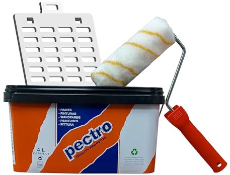 PECTRO Set Pintura blanca Interior Exterior 6,6kg (4L) + Rodillo + Rejilla | Kit Pintura Mate Paredes y Techos, lavable de gran durabilidad y cubrición - Cubeta de plástico Reciclado