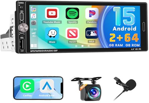 2+64GB Android 1 Din Autoradio Wireless Carplay Android Auto, Écran Tactile 6,9 Pouces Bluetooth Poste Radio Voiture avec GPS WiFi EQ FM RDS Radio, Caméra de Recul