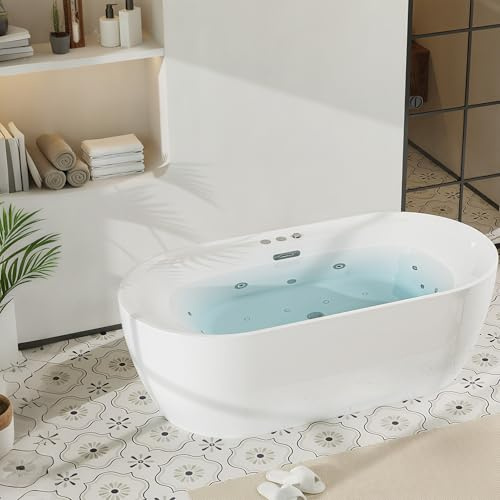 71 x 35 Inch Freestanding Acrylic Whirlpool Bathtub, Stand Alone Soaking Tub with Air Bubble and Hydro Massage Jets, Spa Bathtub for Home Relaxation, Non-Slip Durable Surface, White