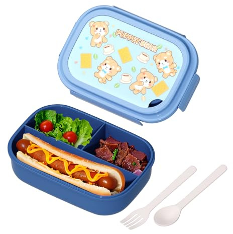 HSXMN Bento Lunch Box with Kids & Children, Stackable Lunchbox Container with 3-Compartment, Durable for On-the-Go Meal, BPA-Free and Food-Safe Materials (Blue)