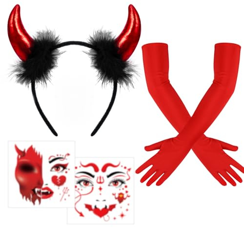 DPKOW Accessori per costumi di Halloween, fascia con corna da diavolo rosso, tatuaggi per il viso di Halloween, guanti per costumi da diavolo rosso, accessori per costumi da donna, costumi da cosplay