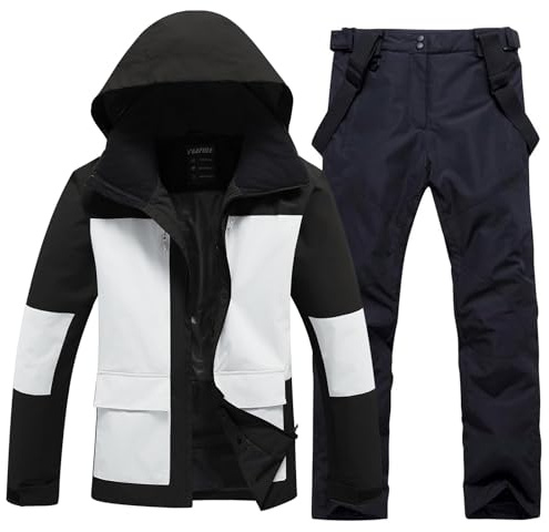 HOUZONIY Vinteroverall för män, skidjacka och skidbyxor, set för män, tvådelad, utomhus, skidkläder, vindtät, skiddräkt med huva, för skidåkning, snowboard, Svart svart, XL