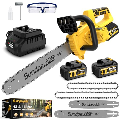 SundpeyPRO Tronçonneuse éLectrique Sans Fil, 12+16 Pouces Brushless Tronçonneuse à Batterie avec 2 x 4.0Ah Batterie, Lubrification Automatique, Débit D’huile Réglable, pour Élagage Abattage D'arbres