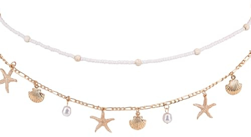 2pcs Gold-Colored Starfish Waist Chain Set for Women, Adjustable Zinc Alloy Seashell Pearl Beaded Body Chains Bikini Belly Jewelry Beach Summer Vacation Belt Sea Shell Ocean Bead Accessories