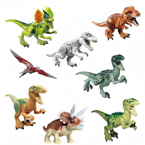 8PCS Dinosaur Figures, Dinosaur Building Blocks with Movable Jaws - Dinosaurs Action Figures & Spinosaurus Toy, ABS Plastic Dinosaur Toys Set with T Rex, Triceratops, Pterodactyl, Gift for Kids
