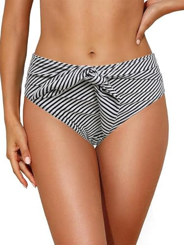 NLAND Bas de Maillot de Bain Femme Taille Haute Culotte de Bain Amincissant Gainant Ventre Plat Couleur Unie Bas de Bikini à Volants(Rayures,XL)