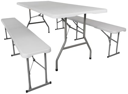Oxeo Ensemble Table et Bancs de Jardin Pliants - Table Pique-Nique + 2 Bancs Camping - Blanc