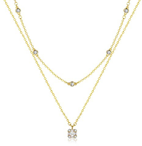 Mesovor Diamant Kette für Damen, Zierliche Goldkette 18 Karat Vergoldete Mehrlagige Halsketten | Quadrat Träne Kreuzen Perle Tropfen Halskette Schmuck Geschenke für Mädchen (Quadratisch cz-gold)