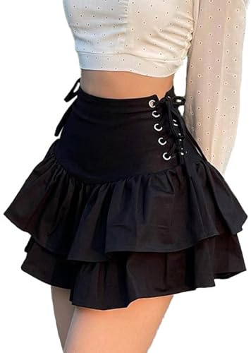 DINGJIUYAN Goth Aesthetic Black Pleated Skirt Vintage Sexy Ruffle Mini Skirts Streetwear High Waist Eyelet Bandage Summer Skirts