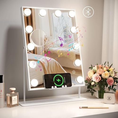 Dripex Bluetooth Hollywood Schminkspiegel mit 12 LED Lampen, Hollywood Spiegel 48 x 36.5 cm mit 3 Farbtemperatur Licht, Kabelloses Laden Für Handy, Touch Control, USB Ladeanschluss