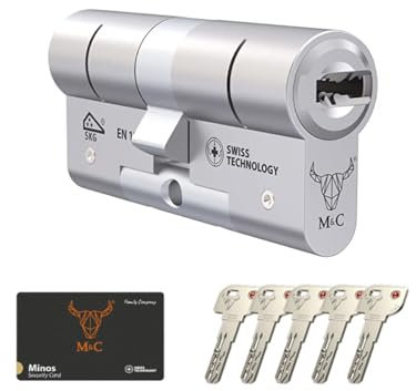 M&C Minos Bombín Cerradura Alta Seguridad Anti Topolino Leva Larga Doble Embrague Máxima Seguridad SKG 3 Estrellas Anti Bumping Resistente Taladro Tecnología Suiza Níquel 5 Llaves Incluidas