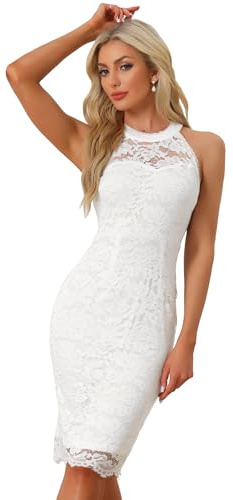 Allegra K Elegante Vestido de Encaje para Mujer Cuello Halter sin Mangas Vestido Ajustado de Cóctel Blanco XL