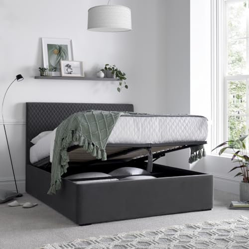 happybeds Grey Velvet Ottoman Bed, Sebastian Grey Lift Up Ottoman Storage Bed (5ft King Size)