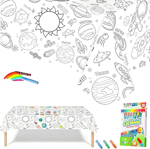 Nappe à Colorier pour Enfant en Papier,119,4x180,3 cm Coloriage Geant Astronaute avec 18 Stylos de Peinture,Jeux Anniversaire Enfants Activités DIY Décoration de Fête Rouleau Papier Dessin