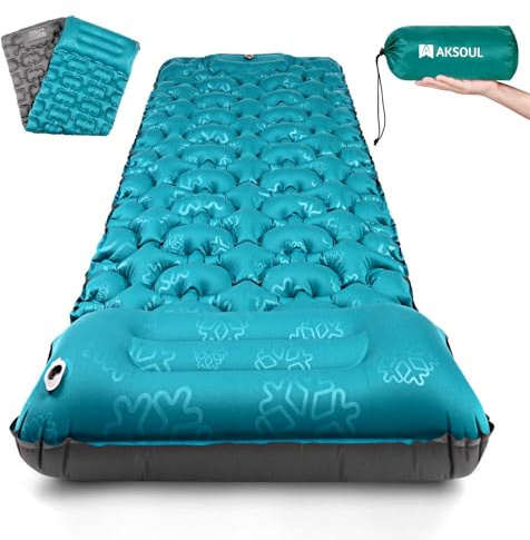 AKSOUL Autoinflable Colchoneta Camping Esterilla Hinchable - 10 CM Ultraligera Inflable Colchon con Almohada, Soltero Acampada Colchón Campismo para Viajes Trekking Senderismo Exteriores
