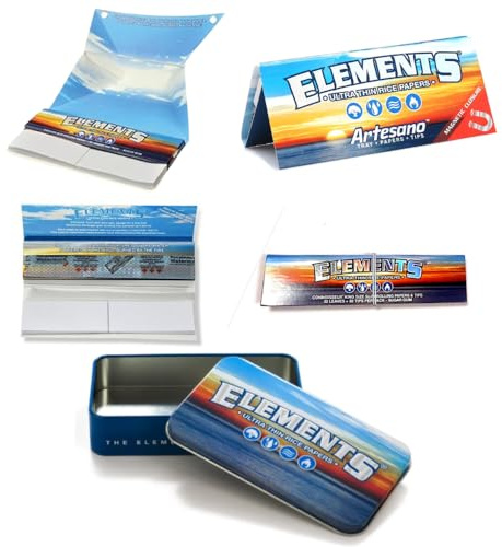 PREMIUM Elements Artesano Blue Metal Tin Bundle with Ultra-Thin King Size Slim Rolling Papers + Tips All-in-One and Elements Connoisseur Rolling Papers + Tips Booklet Travel Stash Storage