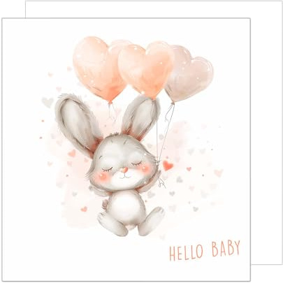 Edition Seidel Tarjeta de felicitación de nacimiento cuadrada Premium Tarjeta Tarjeta De Felicitación Tarjeta De Bebé Hola Bebé Billet Niño Niña Conejito Globos Corazones (EQ103 SW024)