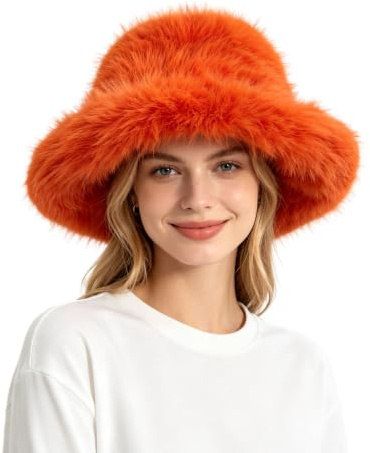 Lina & Lily Oversized Winter Faux Fur Bucket Hat for Women - Long Pile Fur Wide Moldable Brim (Orange)