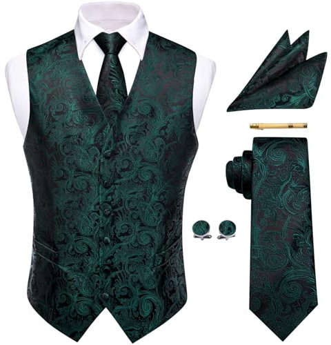 YourTies Mens Formal Green Vest Victorian Silk Paisley Suit Vests and Tie Set Gothic Steampunk Dress Waistcoat Party