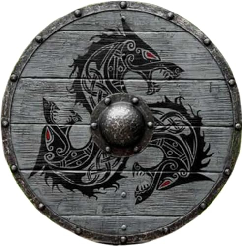 EXNOT Viking Shield Medieval Fenrir Grey Wolf Shield Authentic Bettleworn Viking Battle Ready Shield Handmade Battle Warrior Shield Fully Functional Shield for Combat 56cm Diameter
