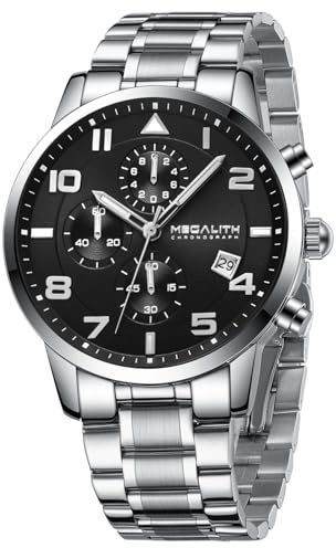 MEGALITH Relojes Hombre Analogico Militar: Cronógrafo Acero Inoxidable Calendario - Deportivo Reloj Hombre Plata Negro Regalo