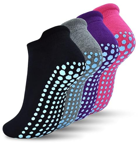 DECOVICI Yoga Grip Women Socks, Non Slip Pilates Socks with Grippers Slipper Ankle Athletic Socks for Dance, Fitness, Gym, Hospital, Home, Trampoline 4 Pairs(Black+Gray+Pink+Purple,M)