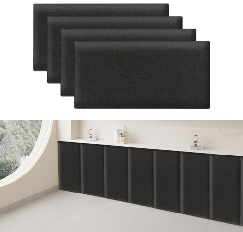 KAHCOP 4 stycken väggpaneler, vadderade, bomull och linne, väggkuddar 40 x 20 cm, enkel montering utan borrning, minskar ljud och förbättrar akustik, enkel skötsel (svart)